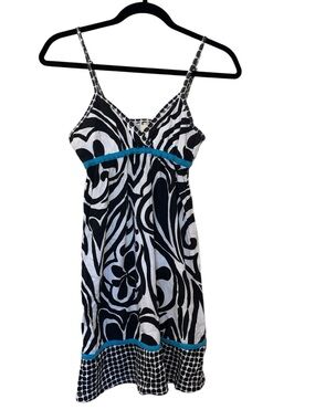 Y2K Roxy Sundress Beach Surf Black White Teal Flowy Mini Straps Size: Small